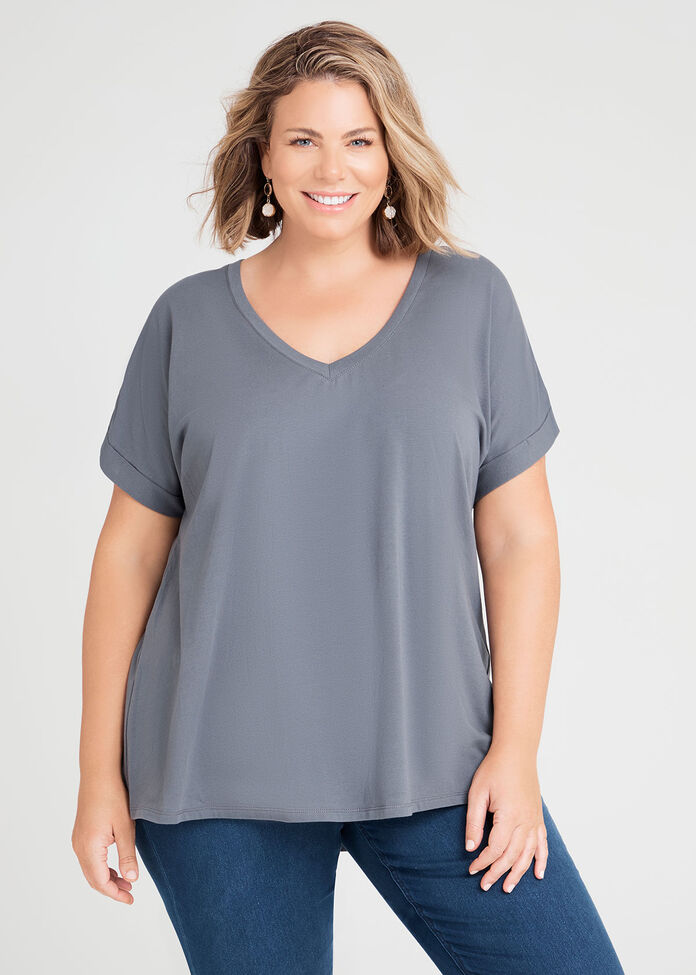 Organic Cuff V-neck Basic Tee, , hi-res