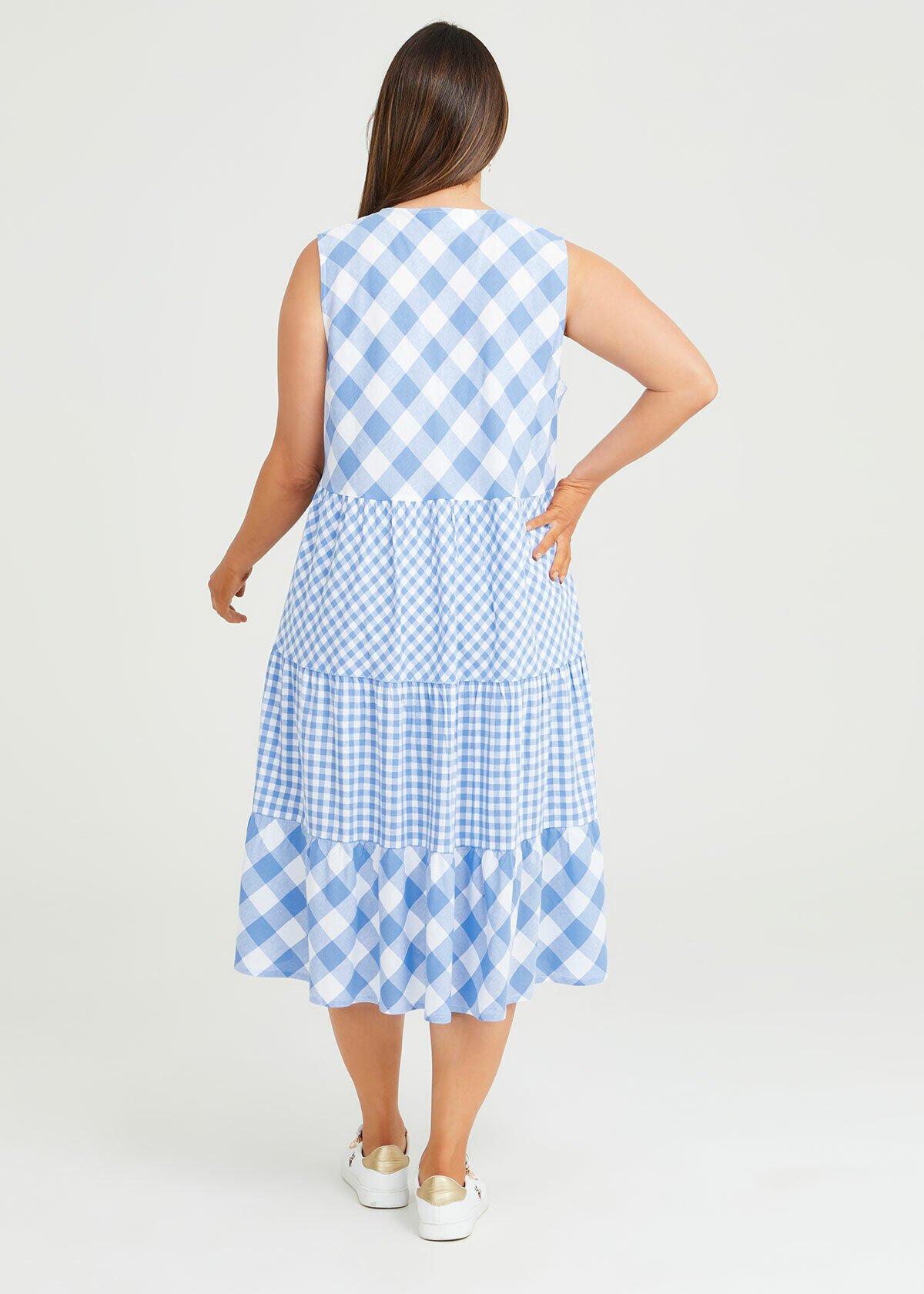 Shop Plus Size Cotton Gingham Sleeveless Dress in Blue Taking