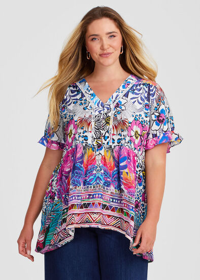 Plus Size Natural Wild Floral V-neck Top