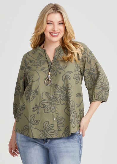 Plus Size Cotton Laser Cut Print Top