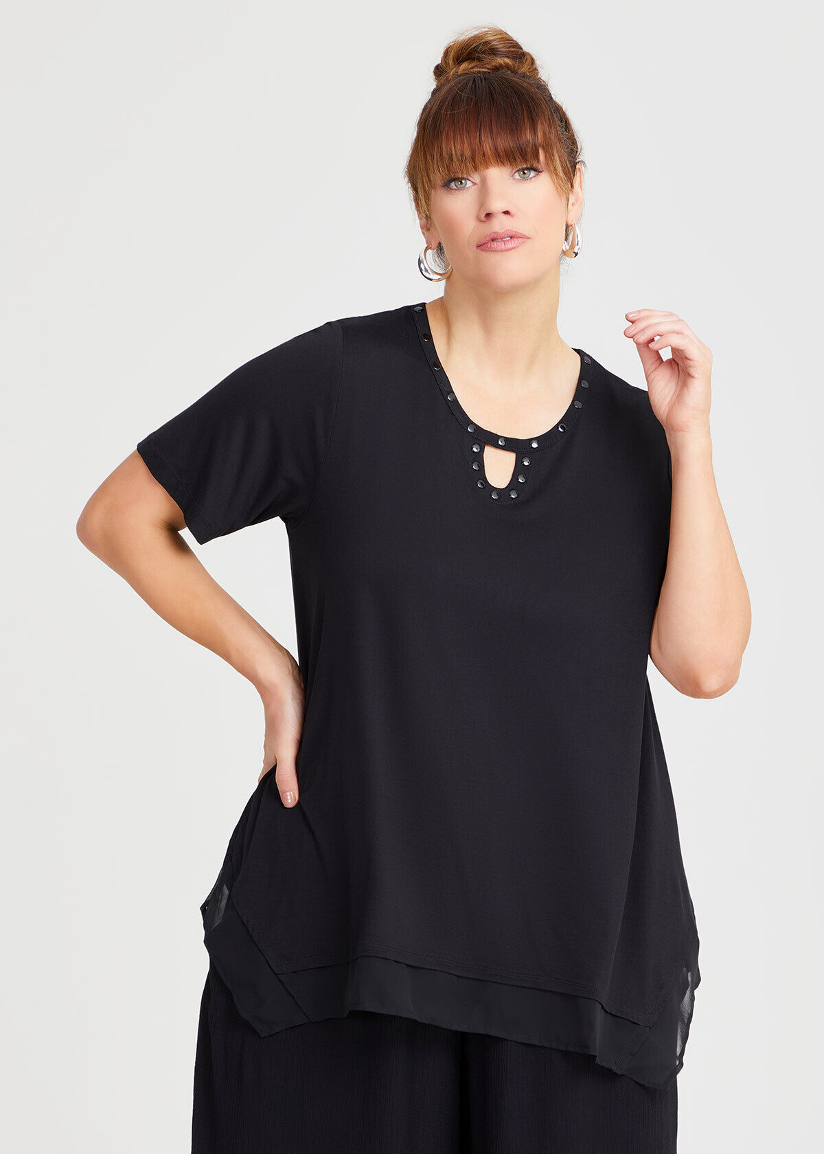 Shop Plus Size Bamboo Embellished Chiffon Top in Black Taking Shape AU