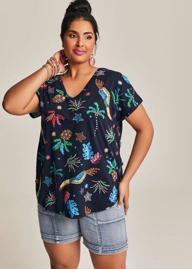 Plus Size Cotton Sketch Print T-shirt
