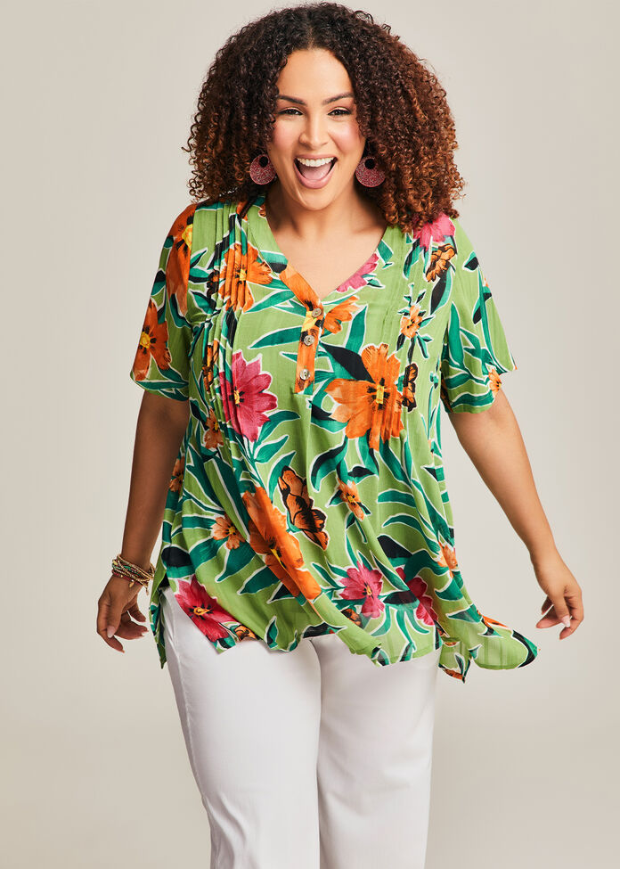 Joy Pintuck Floral Top, , hi-res