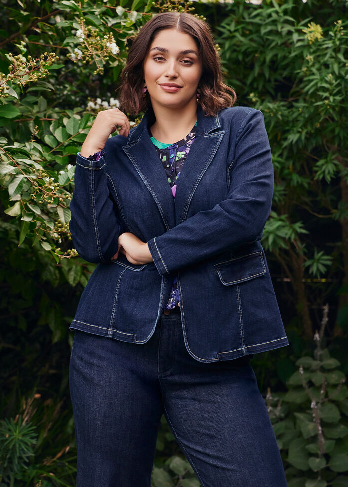 Shop Plus Size Organic Cotton Denim Blazer, Navy Taking Shape NZ