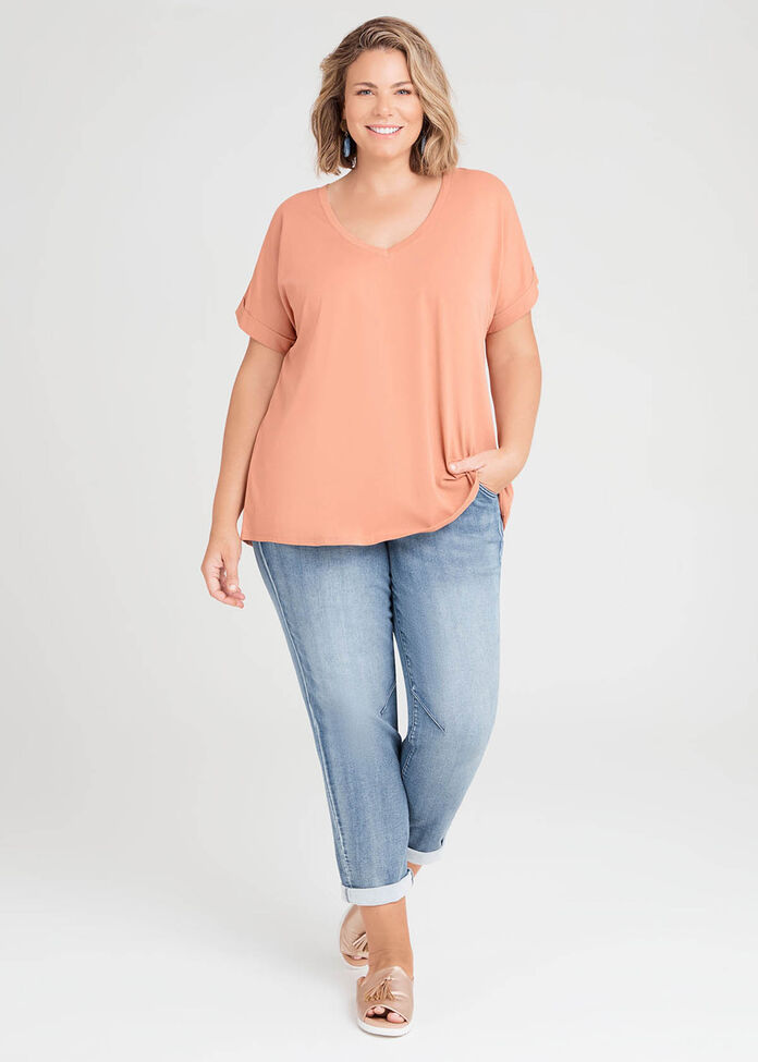 Organic Cuff V-neck Basic Tee, , hi-res