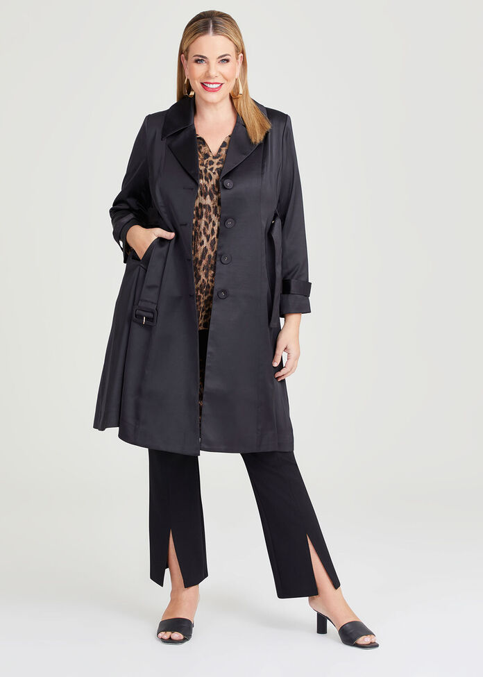 Double-sided black satin trench coat