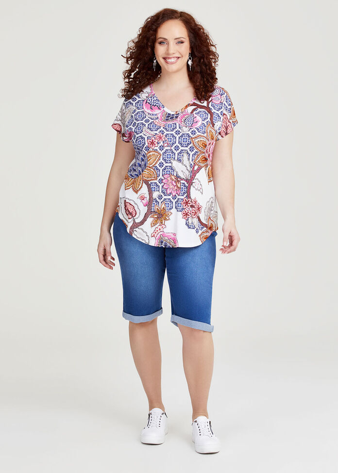 Cotton Embellished Print Top, , hi-res