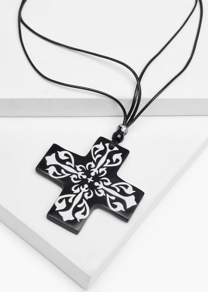 New Etched Cross Necklace, BLACK/WHITE, hi-res