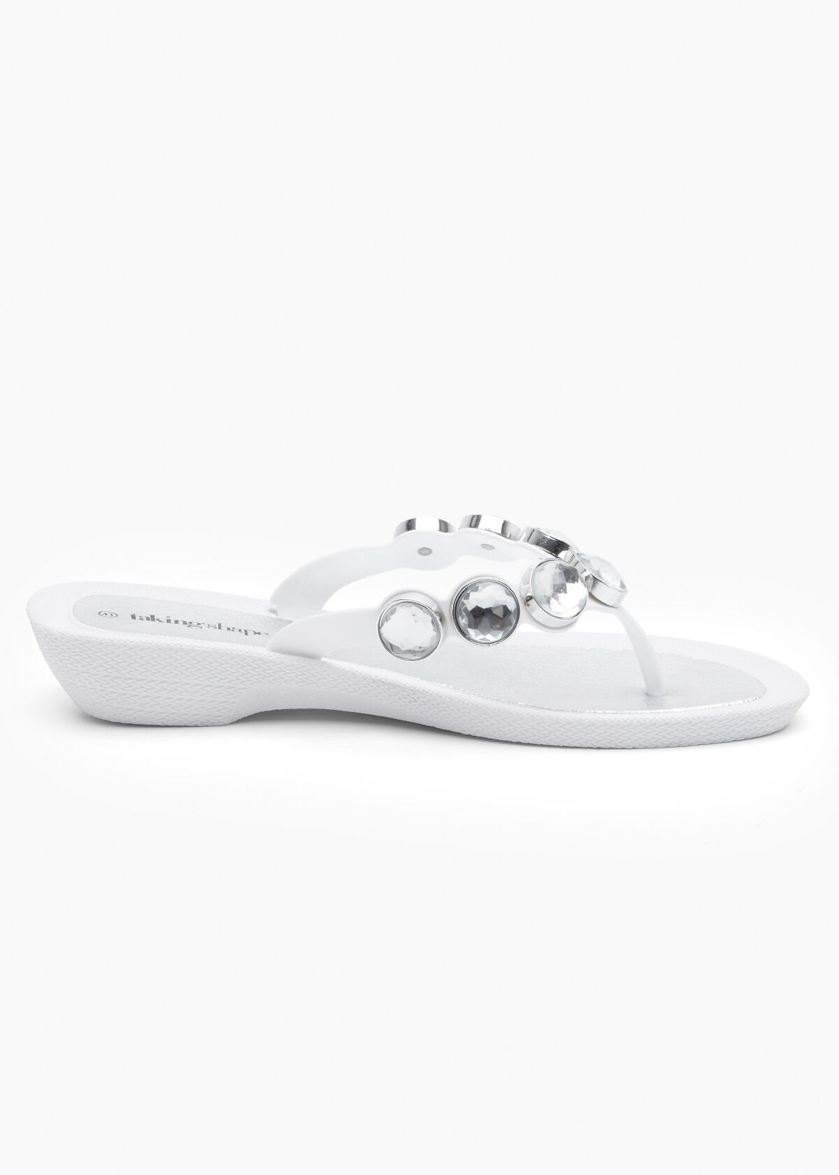 White wedge flip flops with rhinestones top
