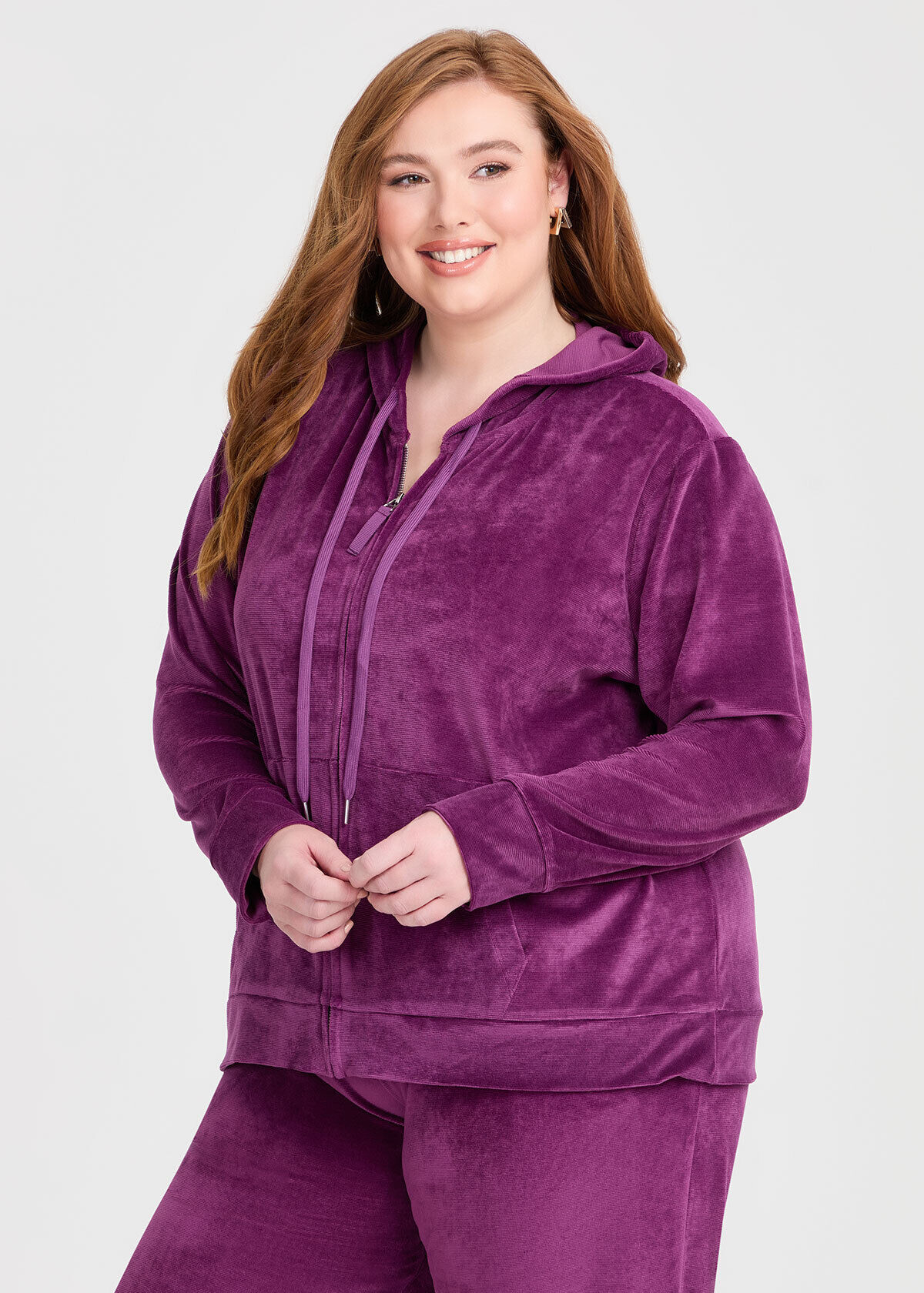 Shop Plus Size Velour Hooded Zip Through Jacket, Purple | Taking