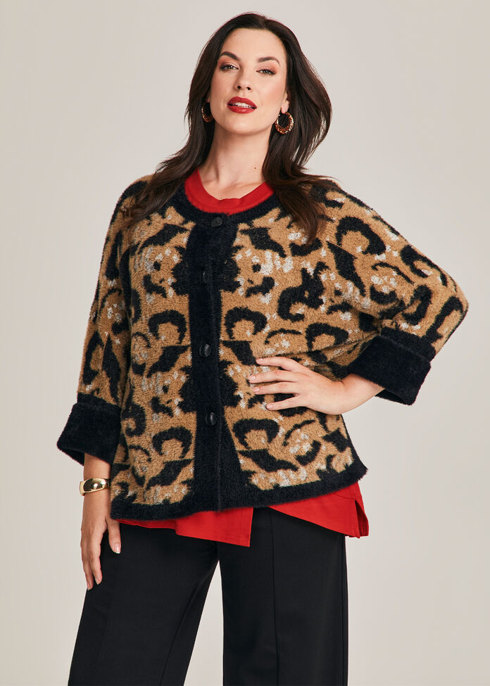 Leopard Fluffy Knit Cardigan, , hi-res