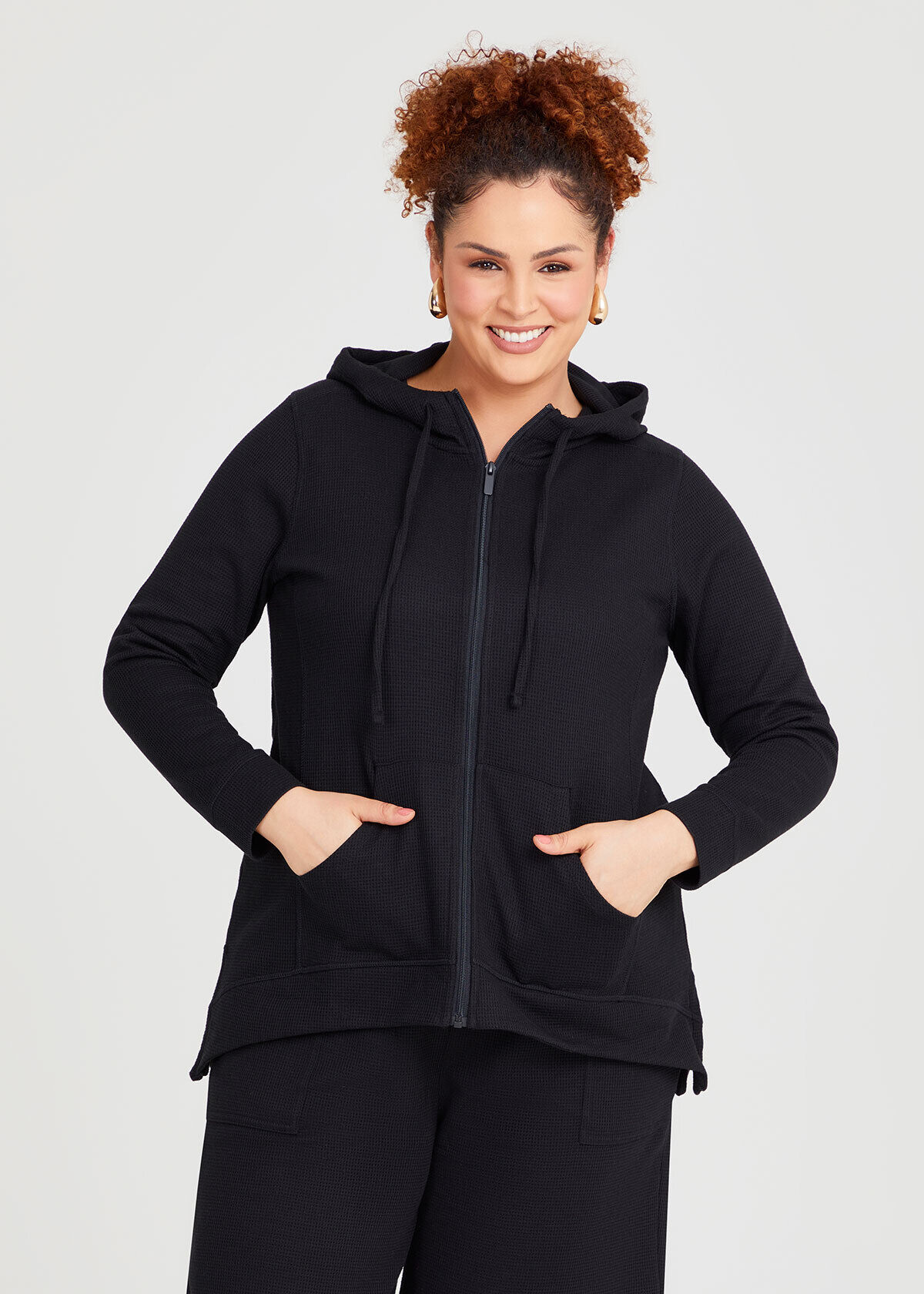 Shop Plus Size Waffle Hooded Jacket in Black Taking Shape AU