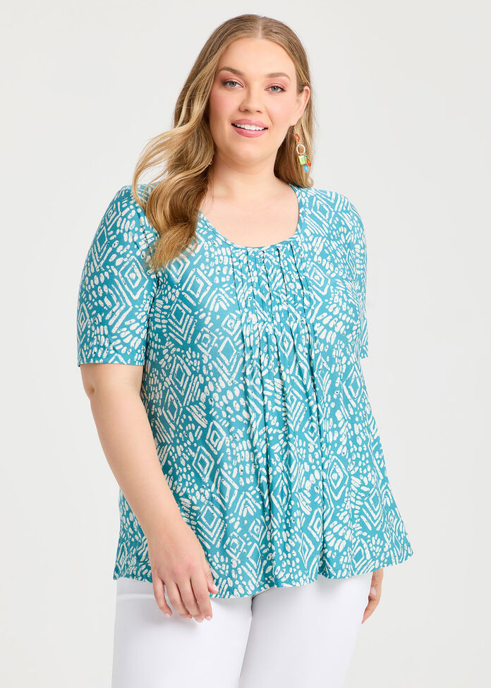 Printed Pintuck Top, , hi-res
