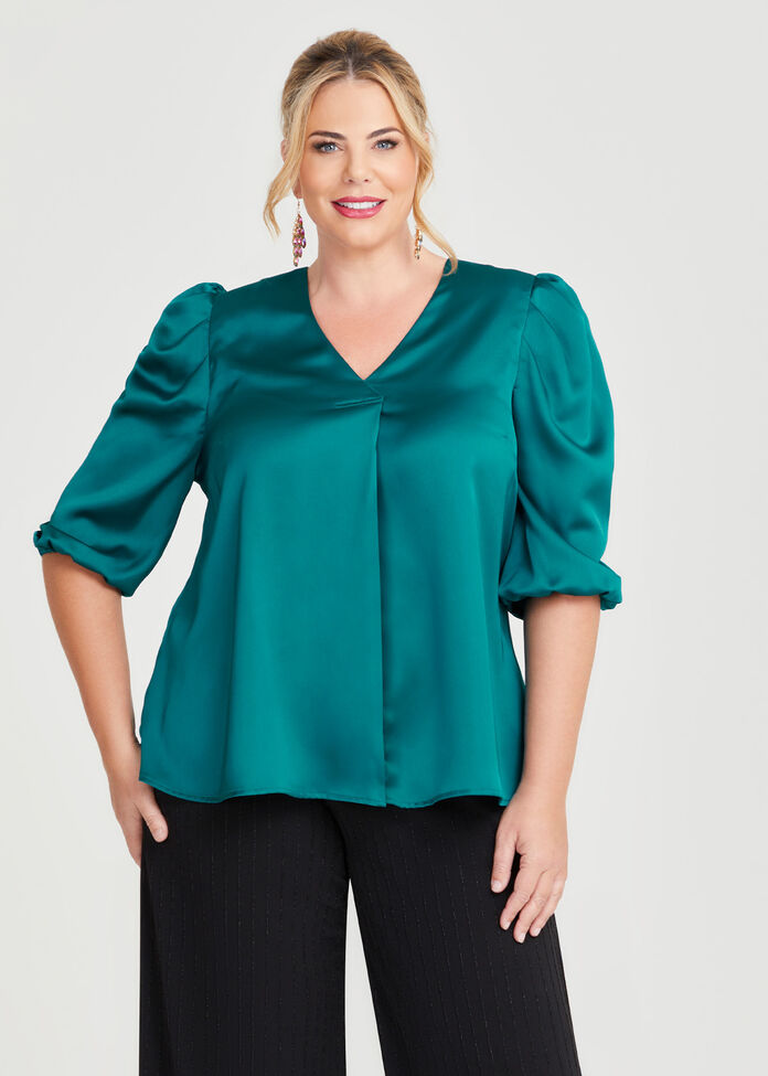 Satin Ruched Sleeve Top, , hi-res