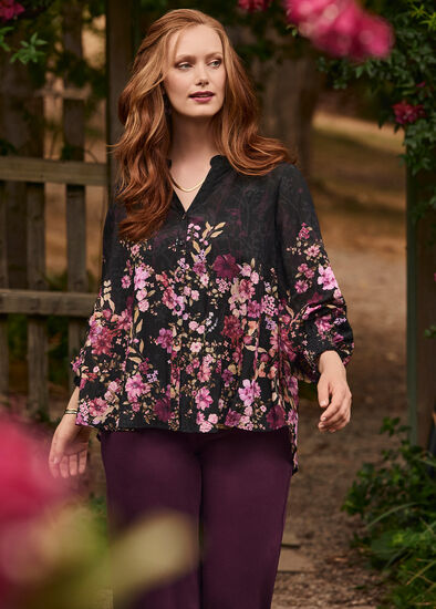 Plus Size Natural Floral Border Top