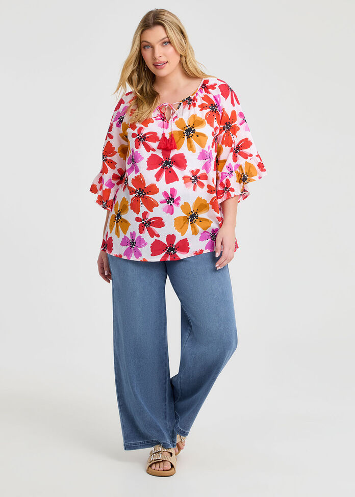 Cotton Watercolour Flowers Top, , hi-res