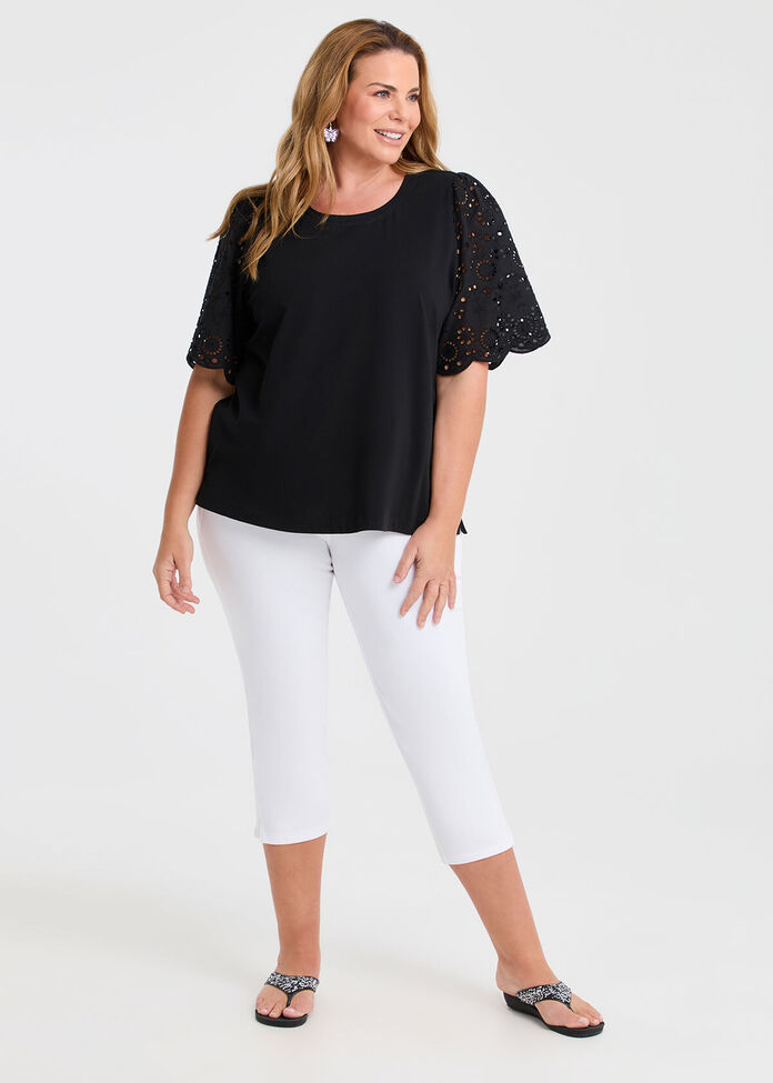 Cotton Broderie Sleeve T-shirt, , hi-res