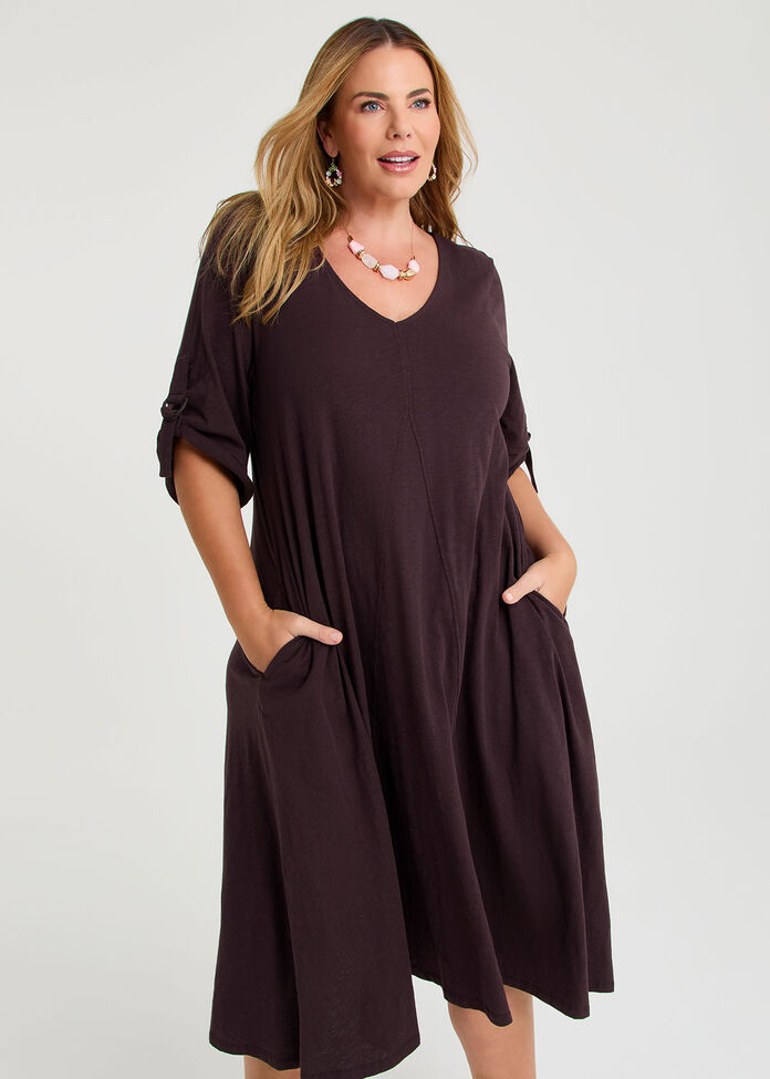 Cotton 3/4 Sleeve Swing Dress, , hi-res