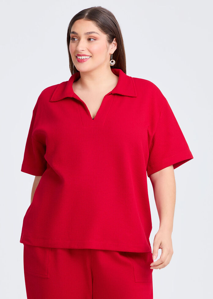 Waffle Collared Top, , hi-res