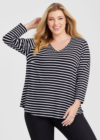 Plus Size Natural Stripe 3/4 Sleeve T-shirt