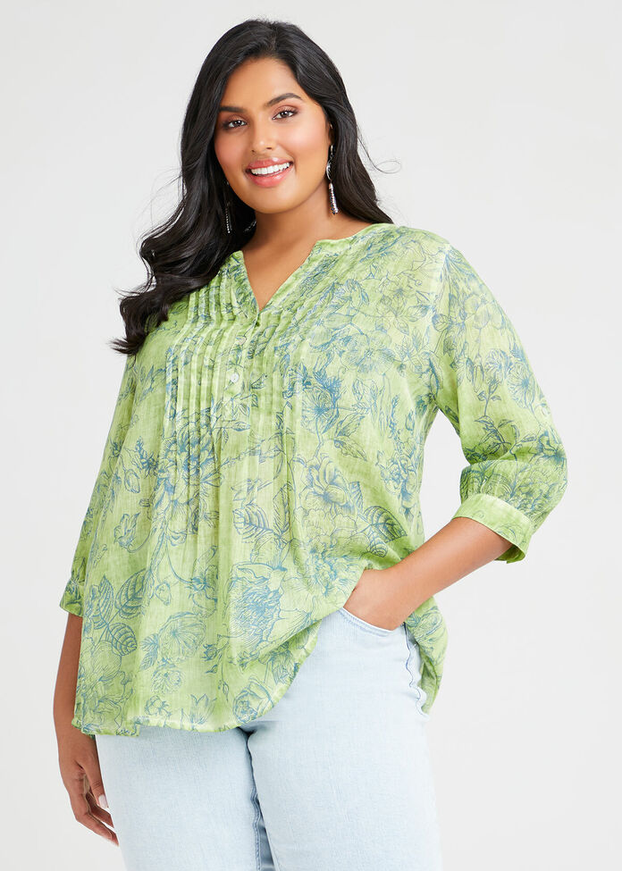 Cotton Sketched Floral Top, , hi-res
