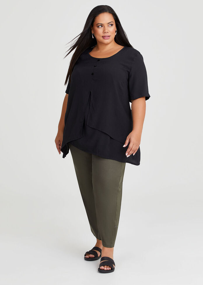 Crinkle Button Short Sleeve Top, , hi-res