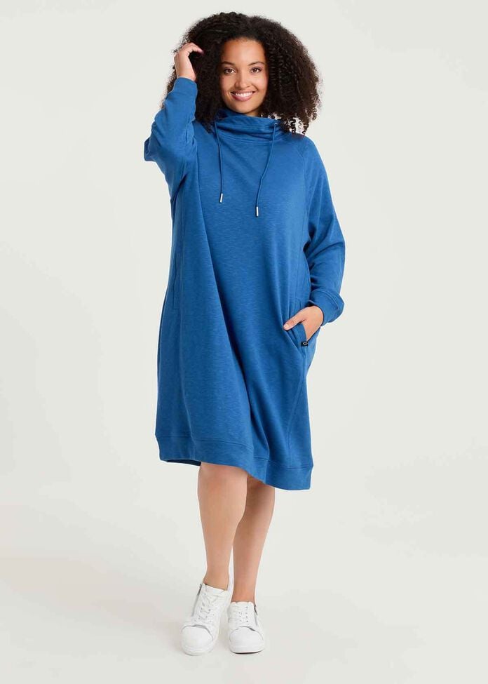 Zip Collar Sweat Dress, MID BLUE, hi-res