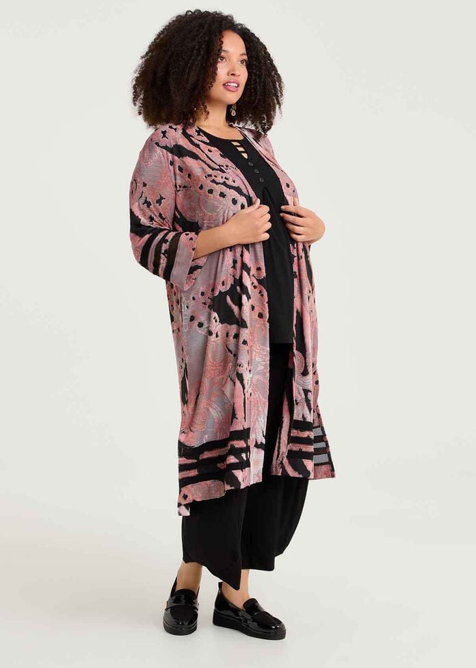 Mesh Trim Burnout Long Cardigan, , hi-res