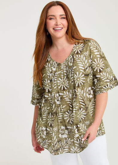Plus Size Cotton Elbow Sleeve Pintuck Top