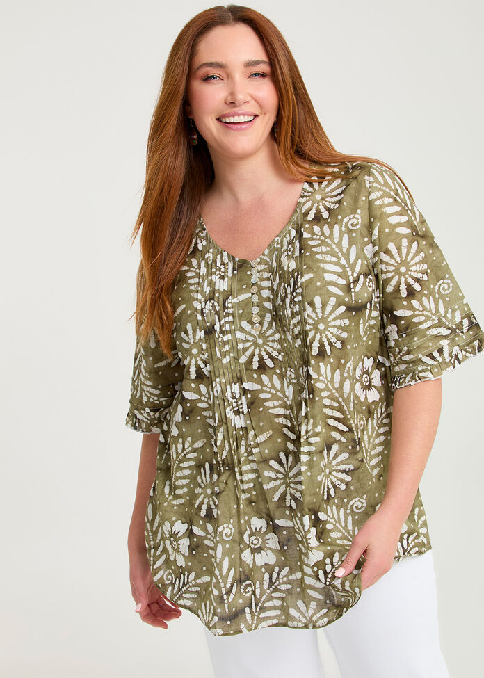 Cotton Elbow Sleeve Pintuck Top, , hi-res