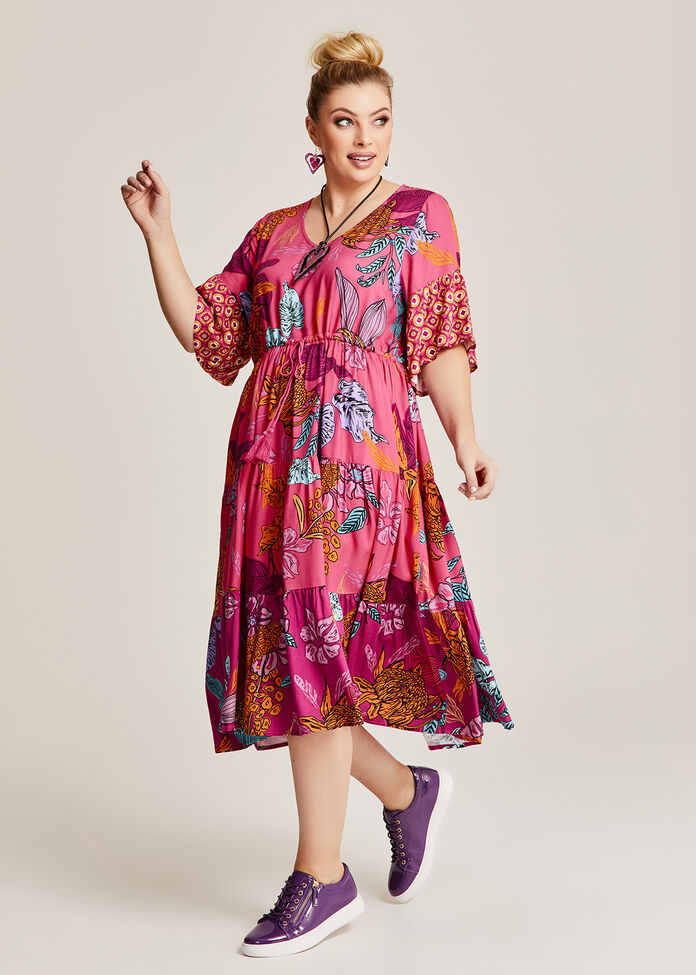 Natural Floral Geo Mix Dress, , hi-res
