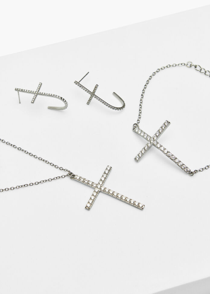 Diamante Cross Hoop Earrings, , hi-res