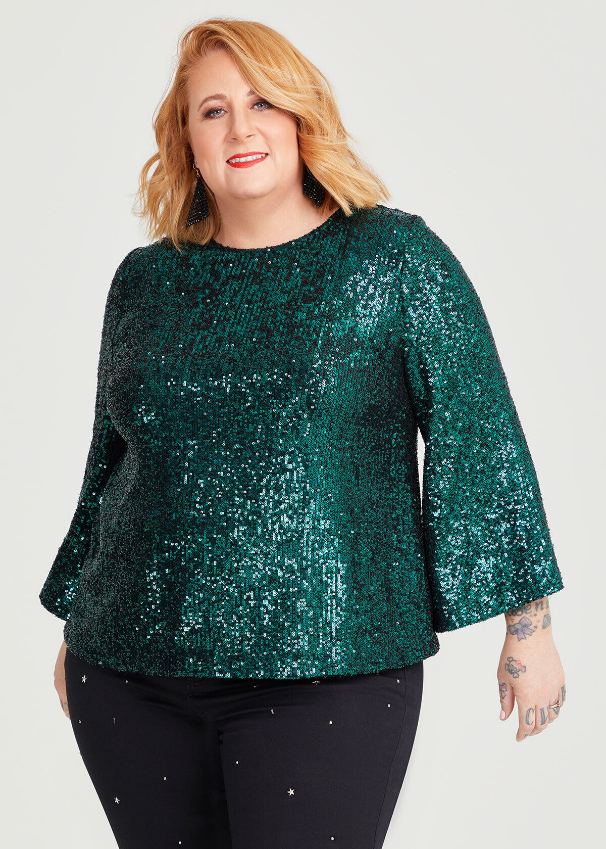 Shop Plus Size Sequin Bell Sleeve Top in Green Sizes 12 30 Taking Shape NZ