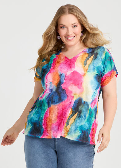 Plus Size V-neck Tie Print Top