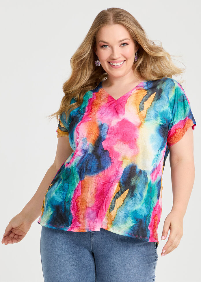 V-neck Tie Print Top, , hi-res