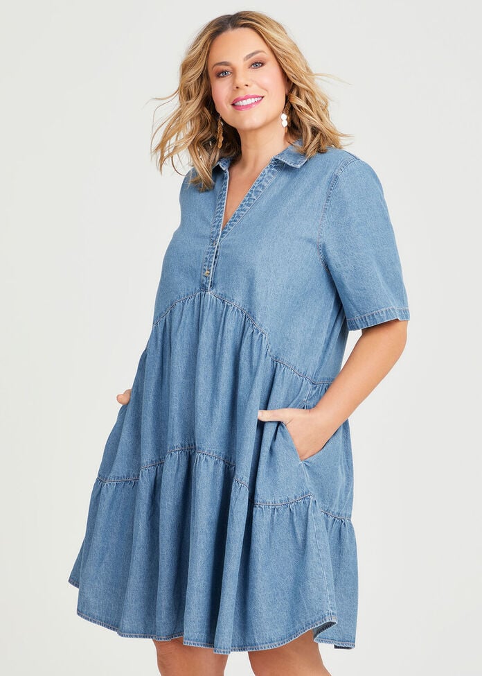 Shop Plus Size Chambray Collared Tiered Dress in Blue | Sizes 12-30 ...