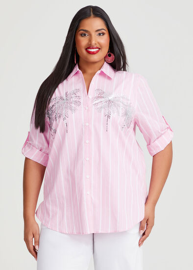 Plus Size Natural Sequin Palm Shirt