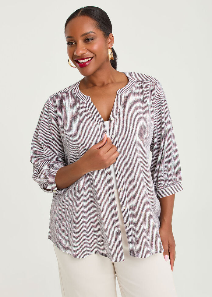 Cotton Stripe Button Top, , hi-res