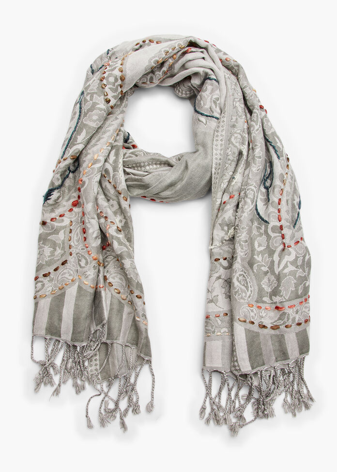 Grey Embroidered Jacquard Scarf, , hi-res