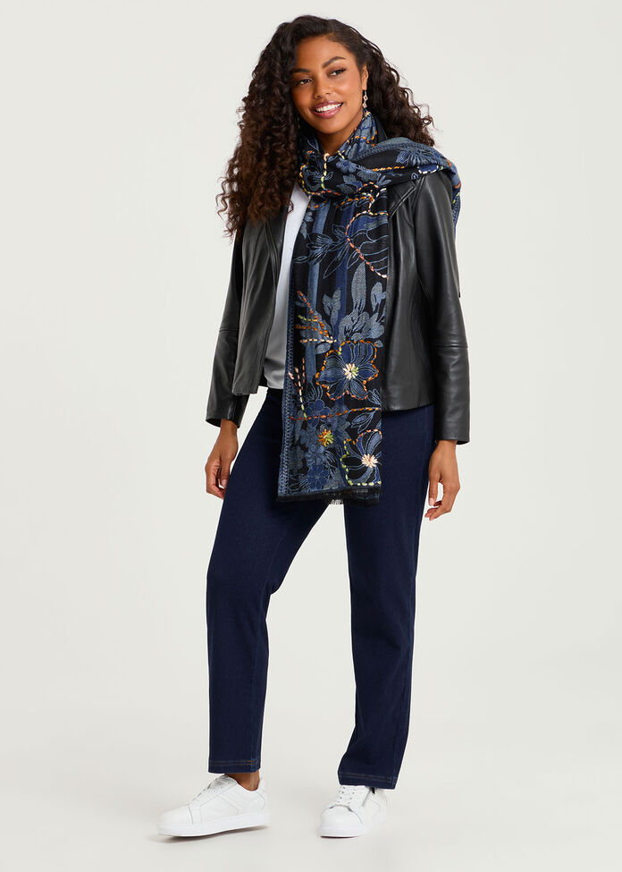 Blue Flower Embroidered Scarf, , hi-res