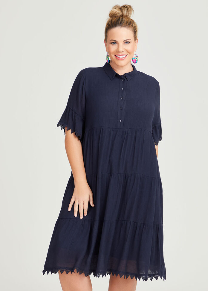 Shop Plus Size Natural Tiered Lace Trim Dress in Blue | Taking Shape AU