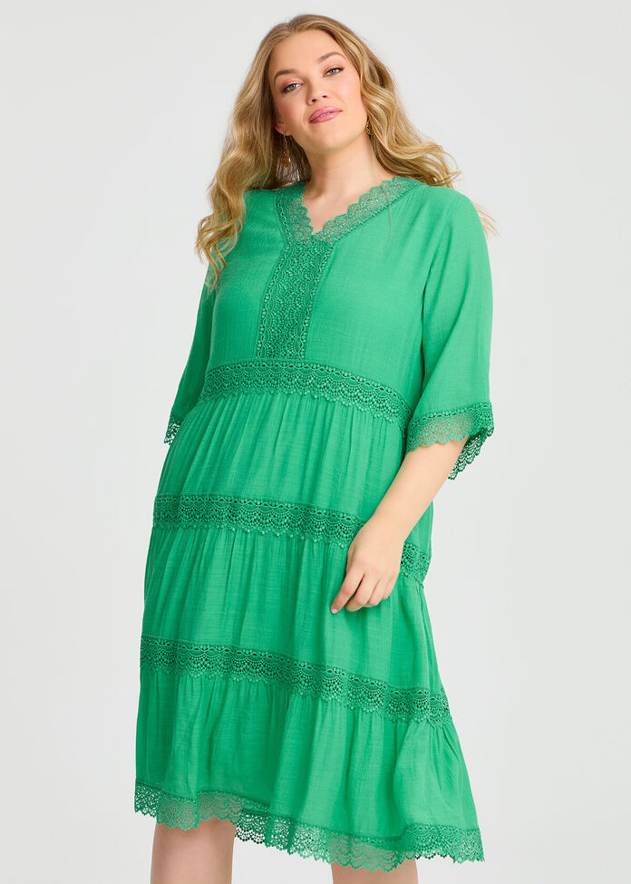 Lace Trim Tiered V-neck Dress, , hi-res