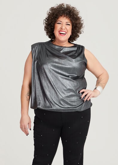 Plus Size Assymetric Metallic Peplum Top