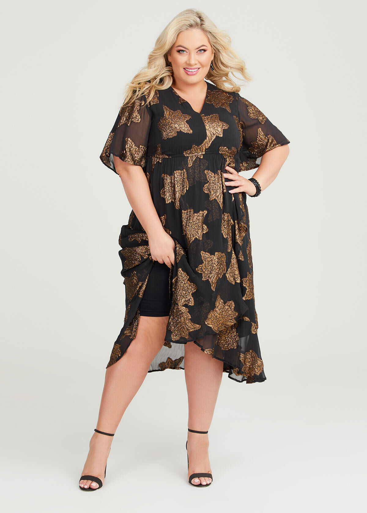 Shop Plus Size Aphrodite Gold Jacquard Dress in Multi Taking