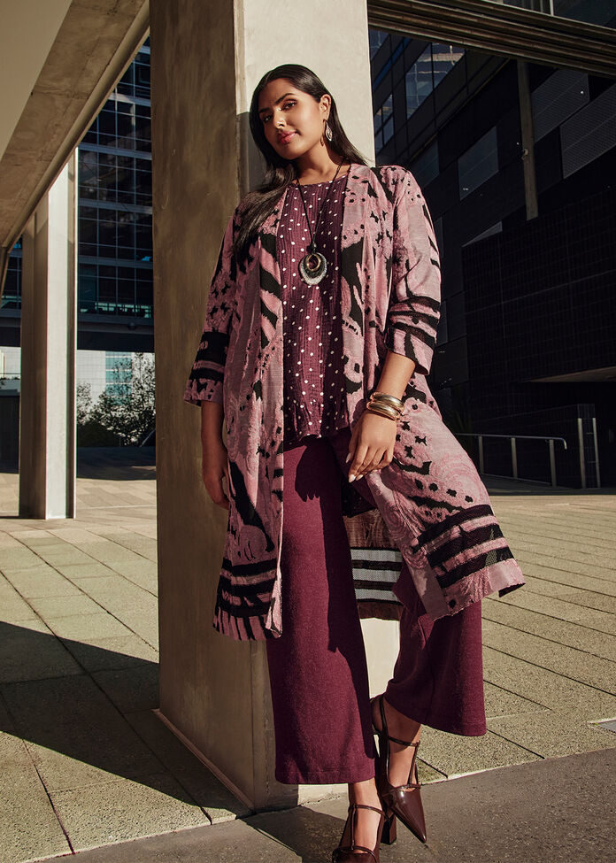 Mesh Trim Burnout Long Cardigan, , hi-res