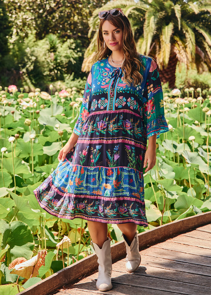 Natural Floral Tiered Dress, , hi-res