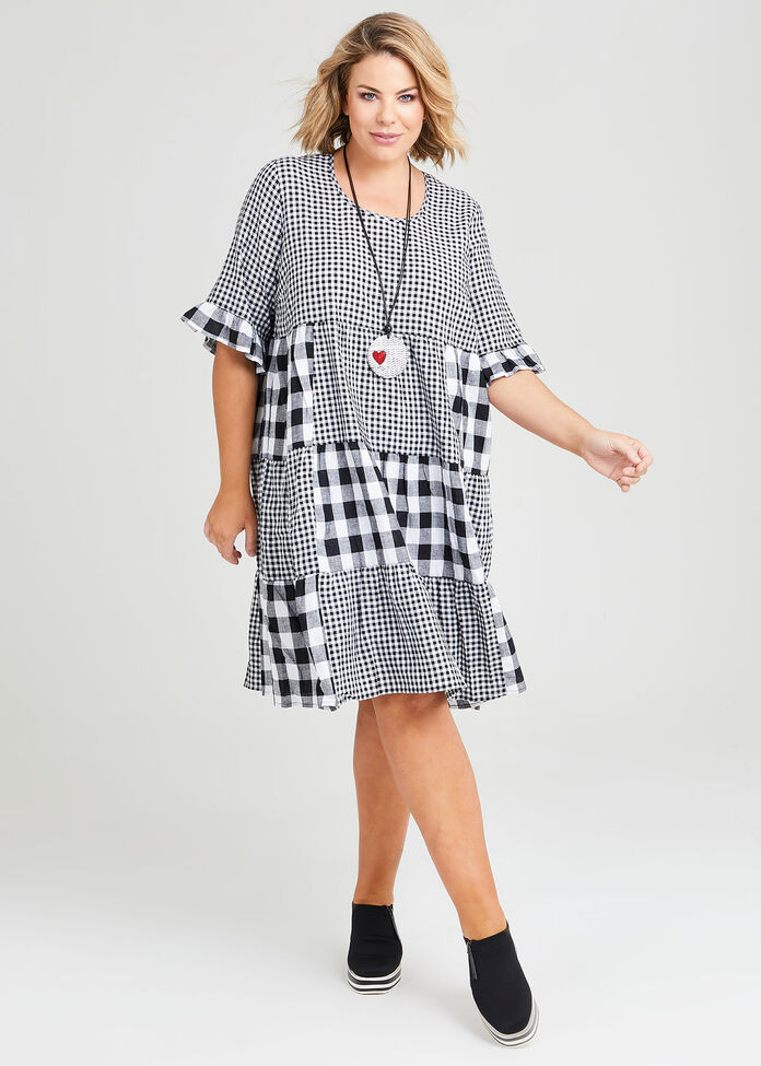 Linen Check Mate Tiered Dress, , hi-res