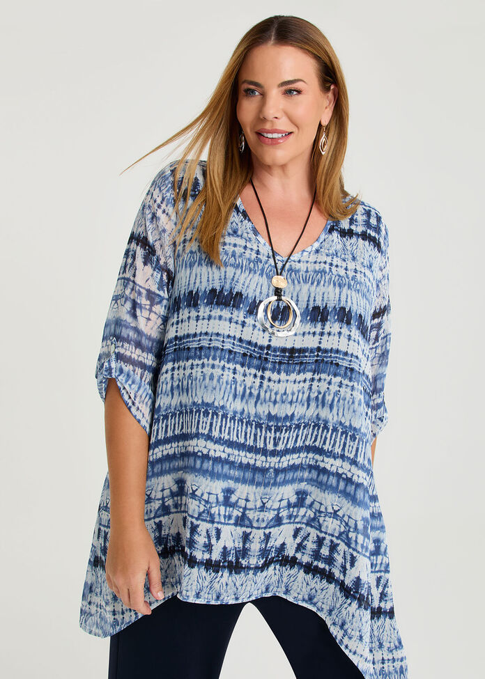 Tie Dyed Chiffon Layer Tunic in Blue Print, , hi-res