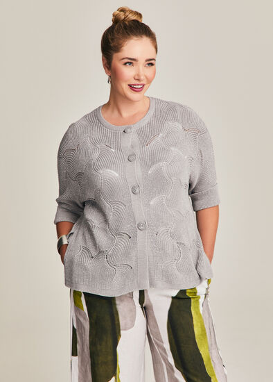 Plus Size Wave Pointelle Knit Cardigan