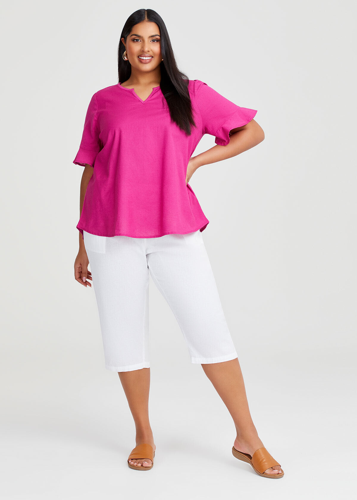 Shop Plus Size Cotton Linen Flutter Sleeve Top, Purple | Taking